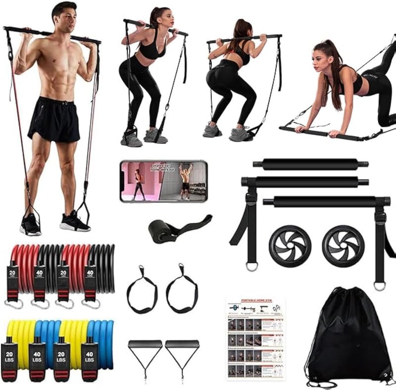 OSCILLATING SLIM Pilates bar kit Multiple Fitness bar with Resistance Bands, Ab Rollers.Core Strength Training Equipment. Squat Machine for Men and Women.Portable Home Gym Pilates bar kit for Full Body Training Women - Image 1